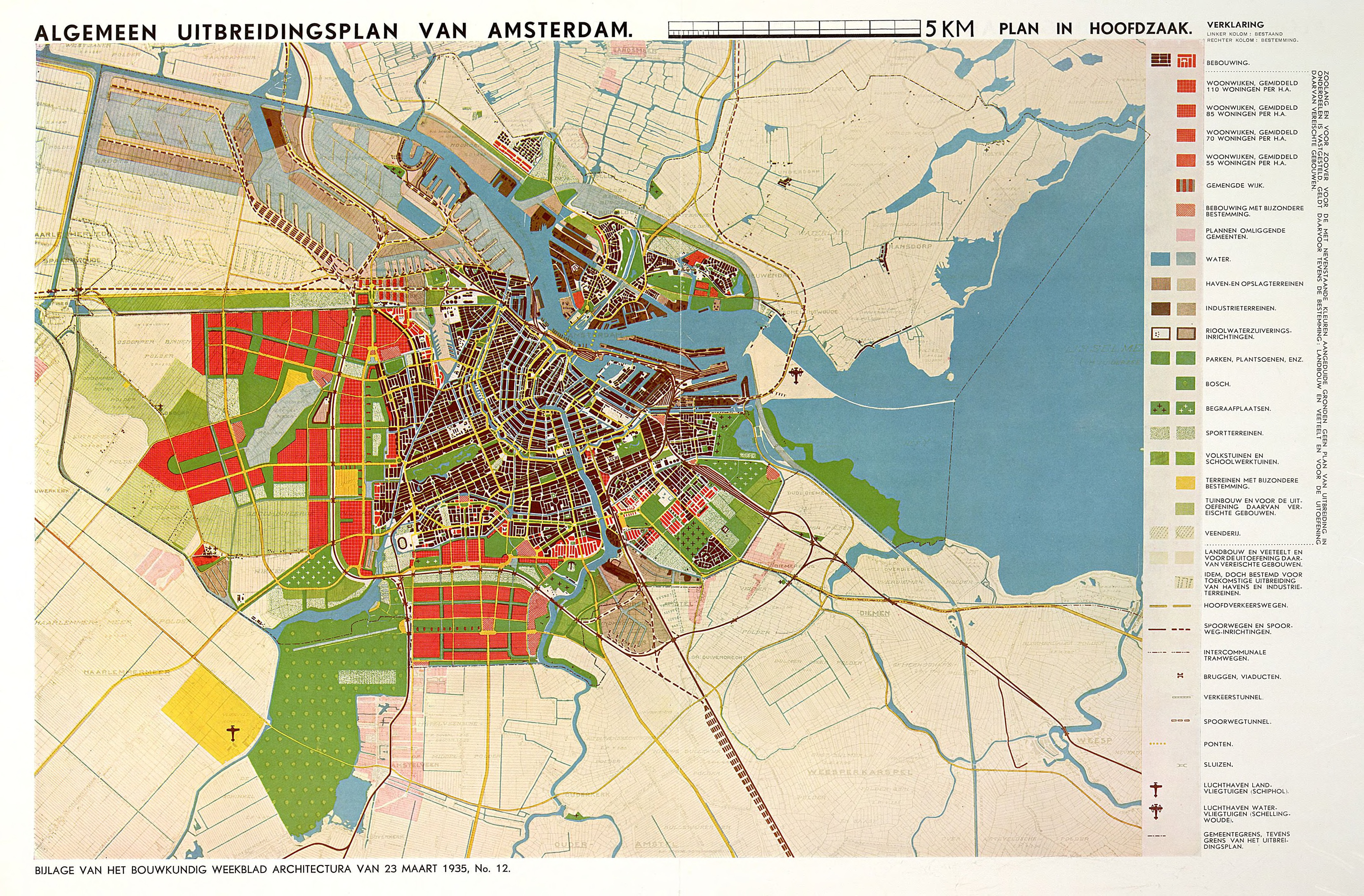 Kaart uit het Algemeen Uitbreidingsplan van Amsterdam, 1935.